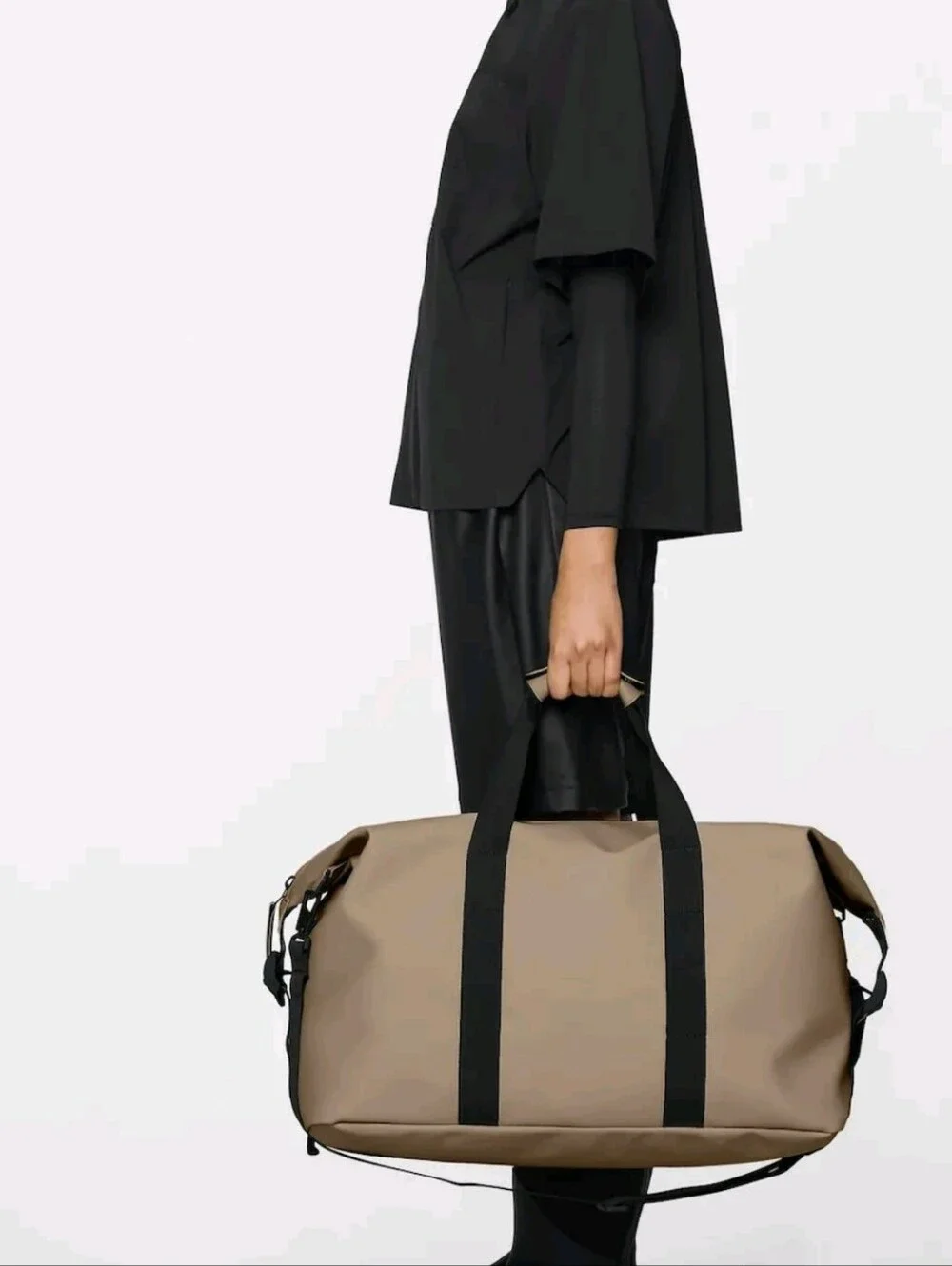 Rains Unisex Hilo Waterproof Beige Weekend Duffle Bag with Black Straps